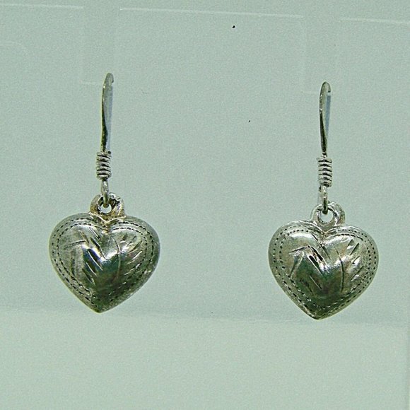 Unknown Jewelry - Vintage 925 Sterling Silver Etched Puffy Heart Dangle Earrings French Wire